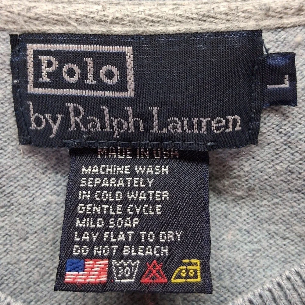 Vintage Polo Ralph Lauren Mens V-Neck Sweater Gray Cashmere Blend Large USA Made